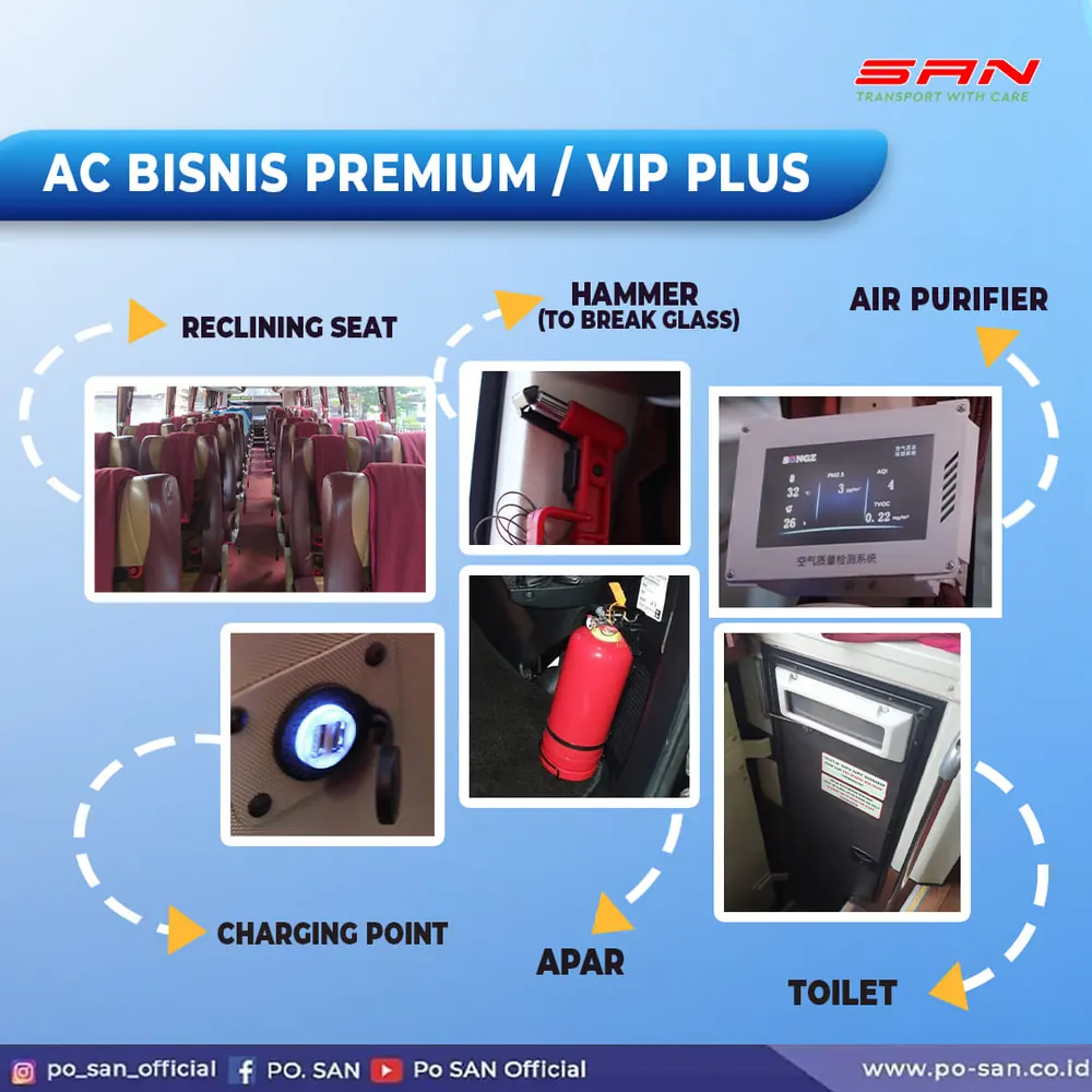 Fasilitas bus PO. SAN kelas AC Bisnis Premium / VIP Plus